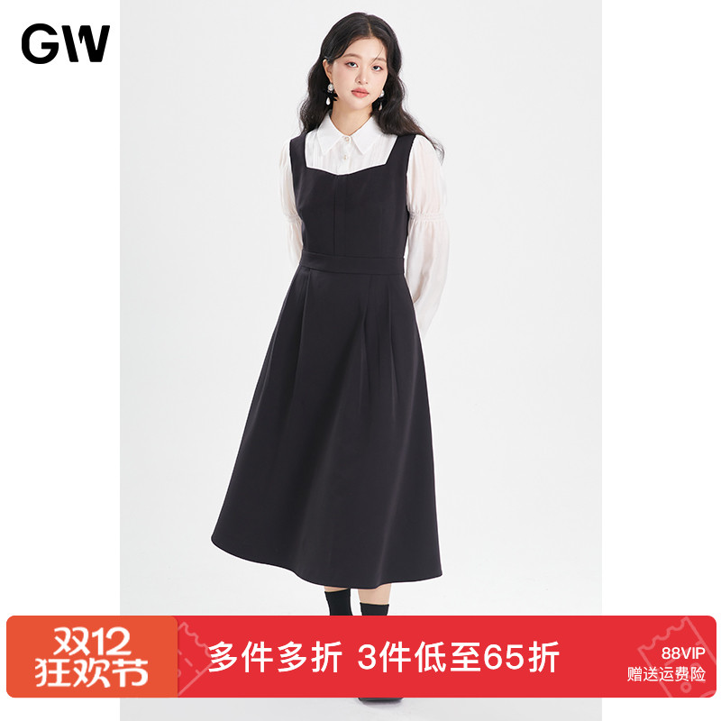GW大码女装气质收腰显瘦长款衬衫假两件连衣裙2025秋季新款微胖mm
