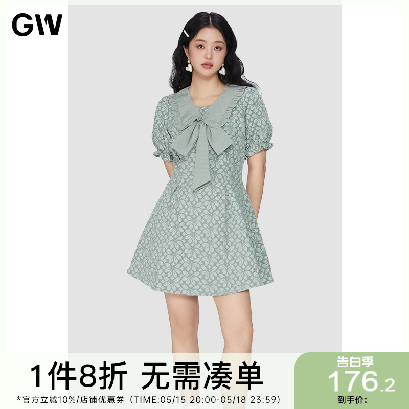 GW大码女装碎花海军领中长连衣裙2024夏季新款胖mm收腰显瘦气质裙