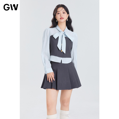 GW大码女装蝴蝶结飘带衬衫假两件上衣短裙套装2025秋季新款微胖mm