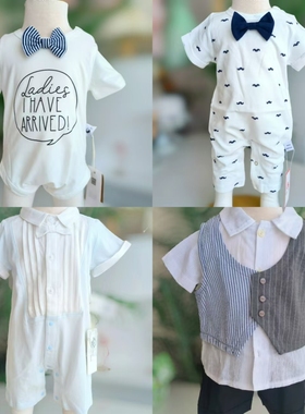 婴儿纯棉礼服男宝宝绅士服男童洋气连体衣爬衣哈衣夏季短袖外出服