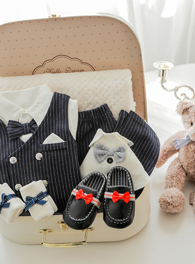 春季男宝宝礼盒纯棉礼服连体衣百天新生婴儿西装绅士爬服周岁套装