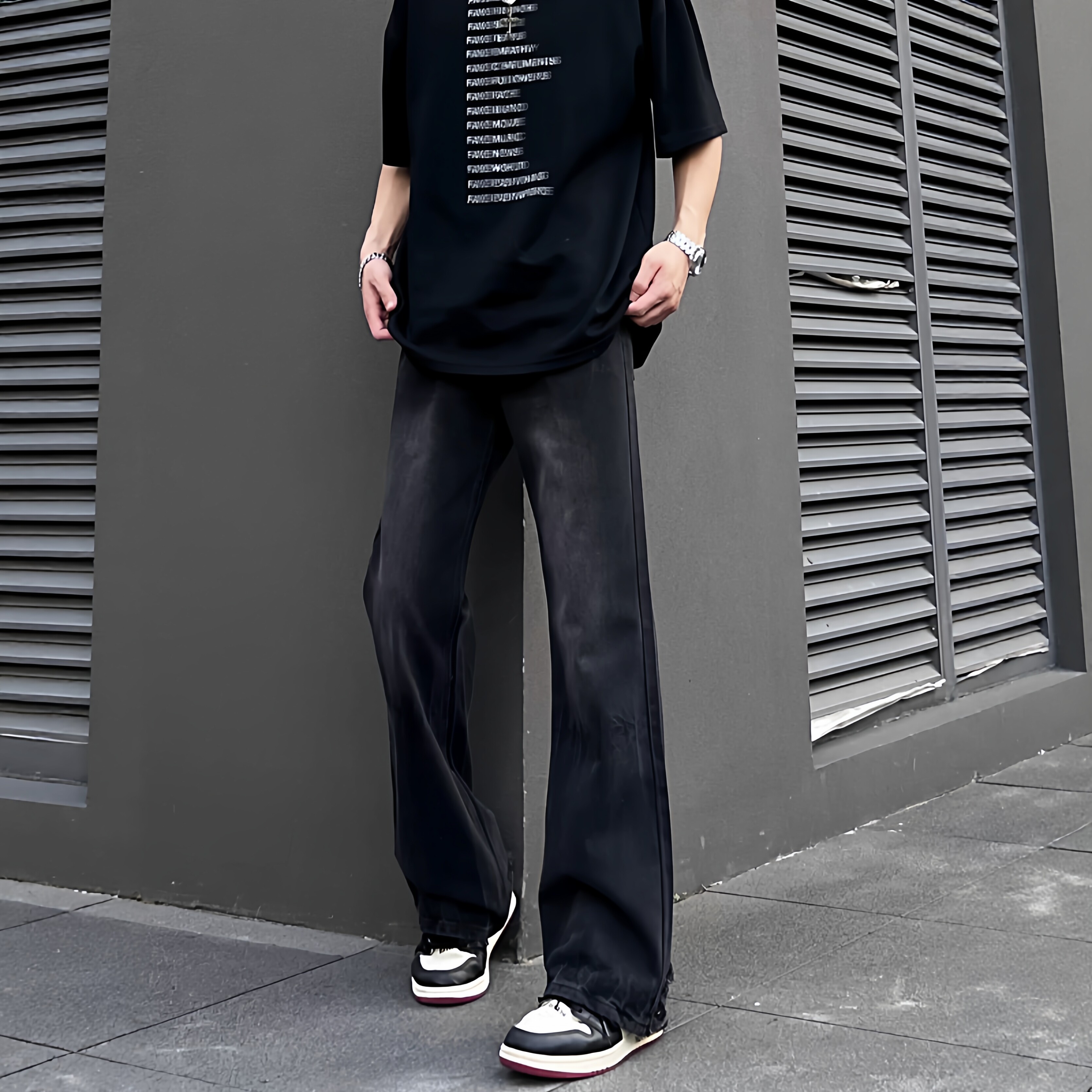 复古黑色牛仔裤男vibe潮牌宽松直筒裤高街垂感微喇阔腿长裤子