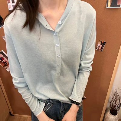 韩系2025春季新款设计感连帽精细针织打底衫女显瘦半扣子薄款毛衣