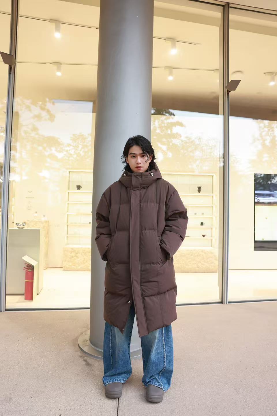 UZU男装 90白鹅绒 冬季日系极简风 高克重重磅连帽长款羽绒服 男