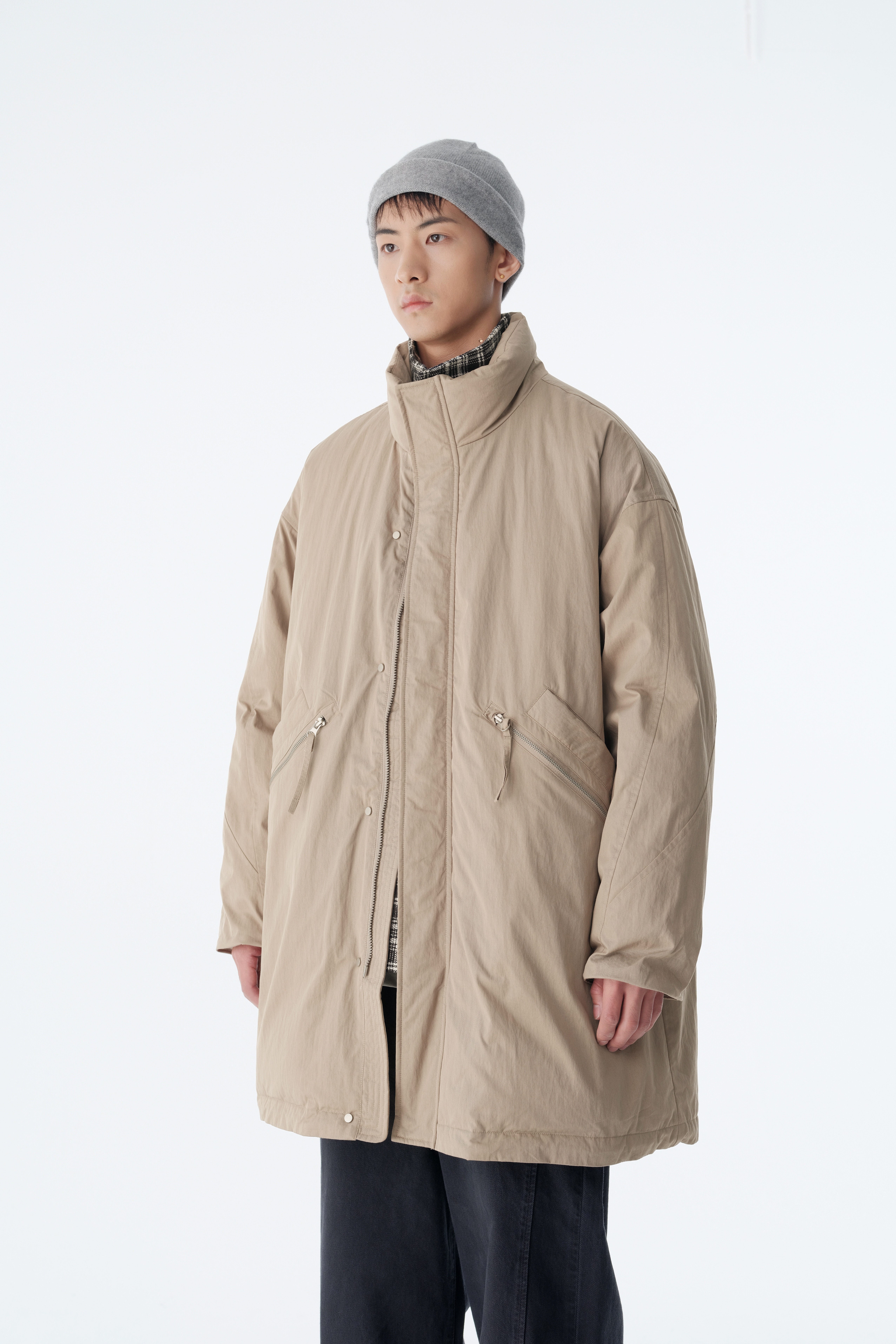 UZU冬季新品多口袋中长款风衣羽绒服