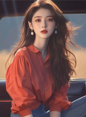 正品哥家新女装2025夏季法式洋气独特复古泡泡袖减龄红色衬衫上衣