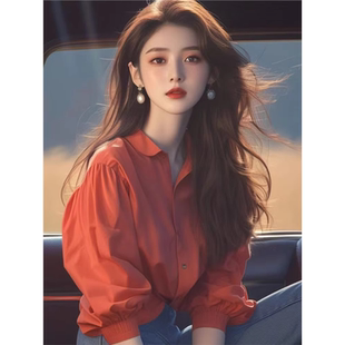 哥家新女装 减龄红色衬衫 2025夏季 洋气独特复古泡泡袖 上衣 法式 正品