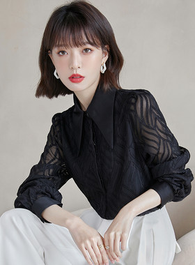 正品哥家新新款女装2025春季法式黑色暗花气质长袖衬衣尖领上衣