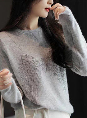 正品哥家新新款2025春秋烫钻蝴蝶结羊绒针织衫女羊毛打底毛衣