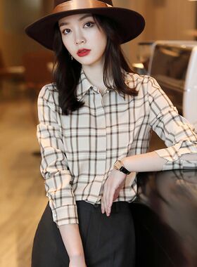 正品哥家新新款2025春装高端设计感洋气雪纺职业品牌格子衬衫女