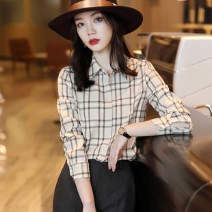 正品哥家新新款2025春装高端设计感洋气雪纺职业品牌格子衬衫女