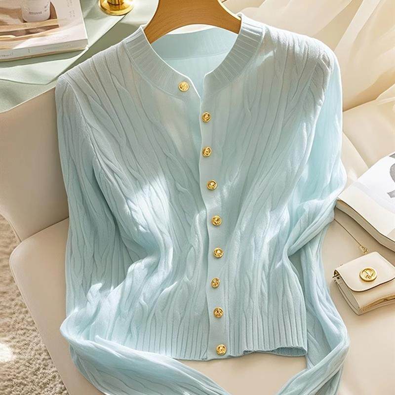 正品哥家新2025秋冬新款小香风薄荷蓝色麻花羊毛针织开衫外套女