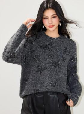 正品哥家新2025秋冬新款时髦亮片蝴蝶提花圆领宽松长袖针织毛衣