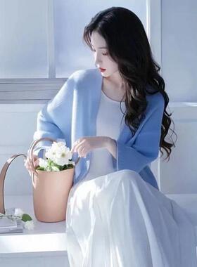 正品哥家新2026春秋蓝色针织开衫两件套女高级感穿搭连衣裙套装