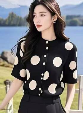 正品哥家新2026夏季休闲风黑色波点短袖衬衫女宽松显瘦开衫上衣