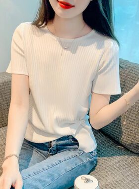 正品哥家新2025夏季简约不规则斜扣圆领T恤女士薄款短袖针织衫