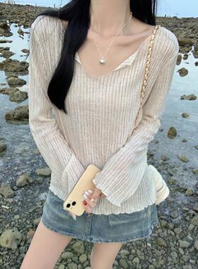 正品哥家新2026春秋慵懒风V领木耳边针织衫女薄款防晒罩衫上衣