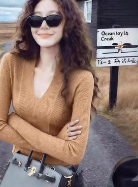 正品哥家新2026春秋老钱风V领针织衫女长袖套头修身显瘦打底衫