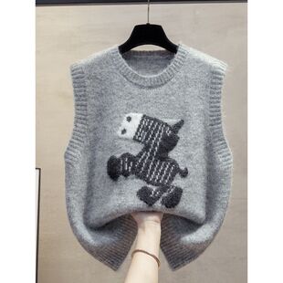 正品哥家新2025秋季新款圆领羊毛马甲卡通背心女外穿叠穿外搭毛衣