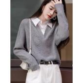 韩系假两件羊毛针织衫 正品 哥家新2026春秋季 简约百搭灰色上衣女