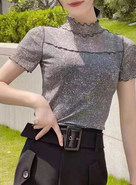 正品哥家新新款2025夏装假两件小众立领弹力网纱蕾丝短袖T恤女