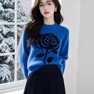 哥家新2026春季韩系慵懒风宝蓝色花朵针织衫女宽松软糯毛衣