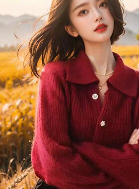 正品哥家新2026春季红色POLO领羊毛针织开衫女宽松软糯毛衣外套