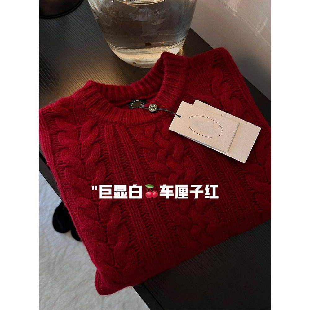 正品哥家新2026秋冬季新年穿搭红色套头毛衣麻花羊毛针织衫上衣