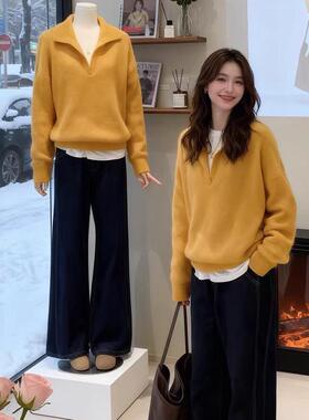 正品哥家新2025秋冬季韩系黄色半开翻领毛衣时髦宽松羊毛针织衫