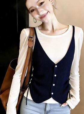 正品哥家新2026春秋温柔风抽绳长袖假两件针织衫显瘦设计感上衣