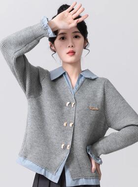 正品哥家新2025春新学院风设计感拼接POLO领假两件百搭针织开衫