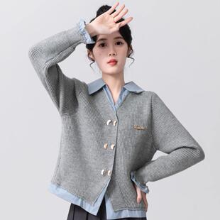 正品哥家新2025春新学院风设计感拼接POLO领假两件百搭针织开衫