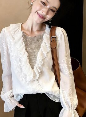 正品哥家新2026春秋法式设计感荷叶边白色衬衫长袖百搭减龄上衣