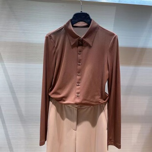 哥家新2025春秋季女新款翻领修身弹力网纱打底长袖衬衫上衣