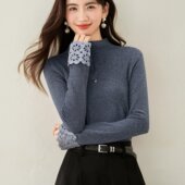 正品 显瘦打底衫 哥家新2026春秋半高领蕾丝拼接羊毛针织衫 女修身