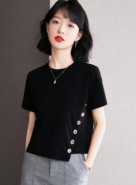 正品哥家新女2025夏法式设计感不规则装饰纽扣纯棉黑色短袖T恤