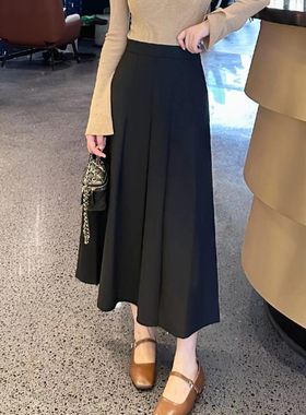 正品哥家新女2025春秋新款高腰中长款开叉大摆裙羊毛百褶半身裙