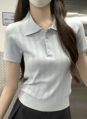 正品哥家新2026夏季韩版polo领冰丝针织短袖t恤女chic小衫上衣
