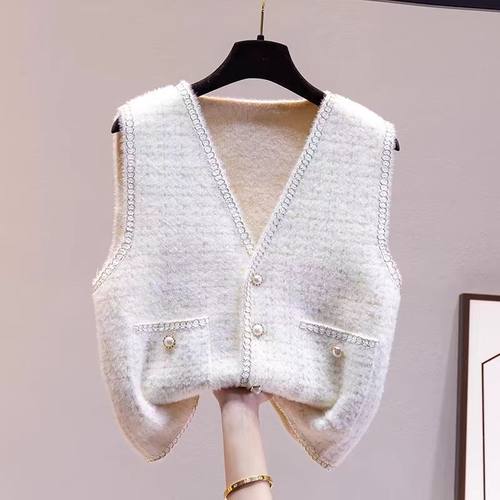 正品哥家新2025春秋新款法式小香风水貂绒针织马甲背心外穿坎肩女