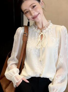 哥家新款2026春秋法式蕾丝系带长袖衬衫女高级显瘦设计感上衣