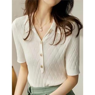 哥家新女装 半开胸冰丝针织衫 2025新款 菱格T恤修身 polo领短袖 正品