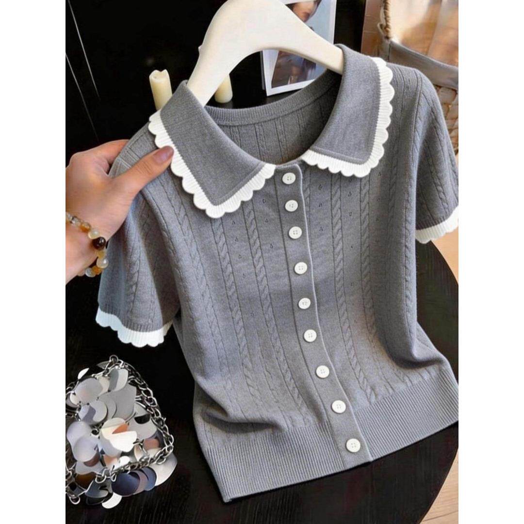 正品哥家新2026夏法式减龄甜美娃娃领麻花针织衫薄款短袖上衣女