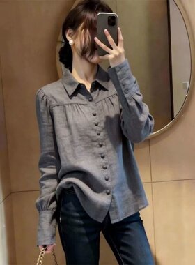 正品哥家新2026春秋韩系设计感灰色长袖衬衫女翻领通勤气质上衣