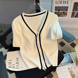 哥家新女装 薄款 2025夏季 设计感V领拉链针织开衫 冰丝T恤女 新款 正品
