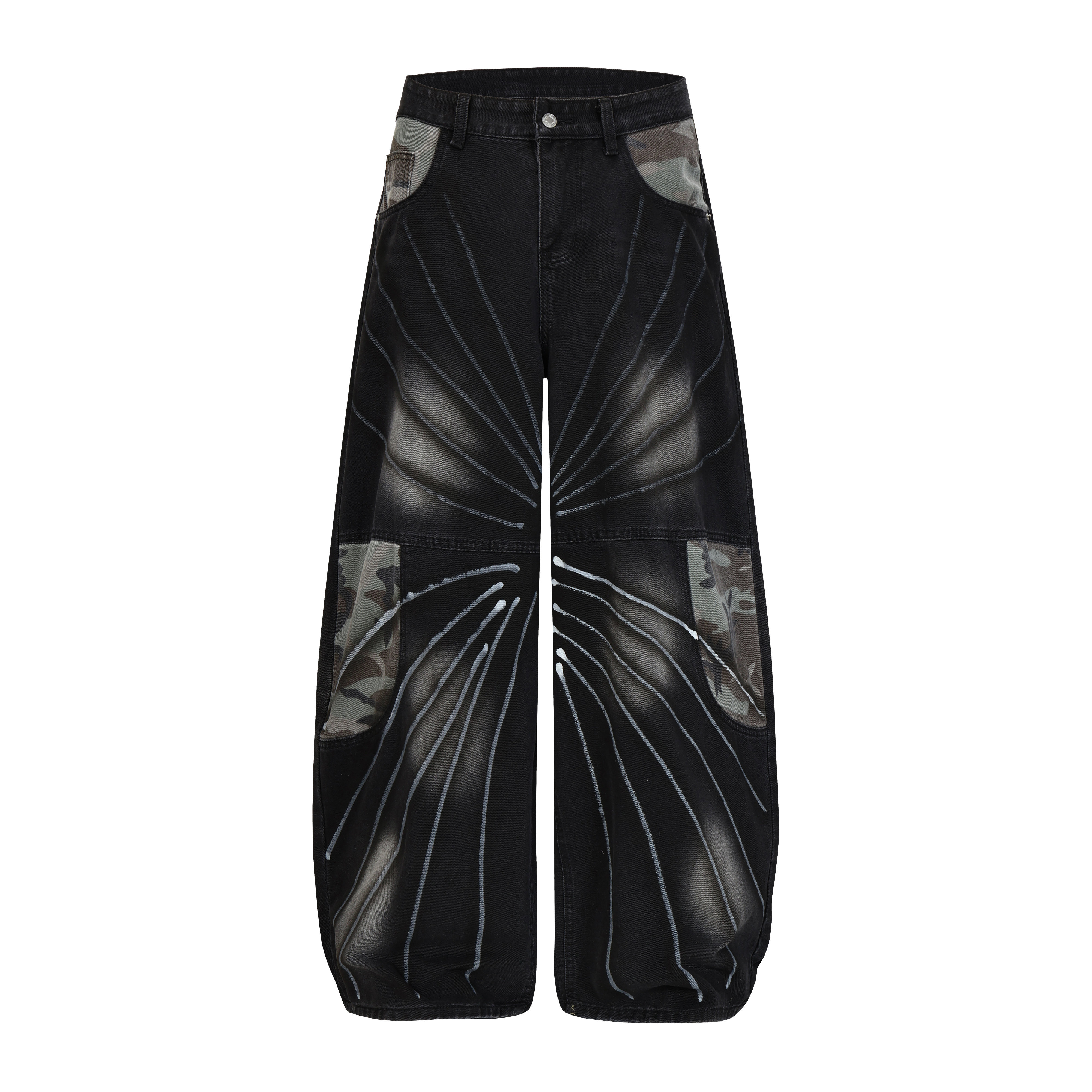 高品美式复古重工洗水做旧拼接破洞弯刀牛仔裤男女宽松阔腿拖地裤