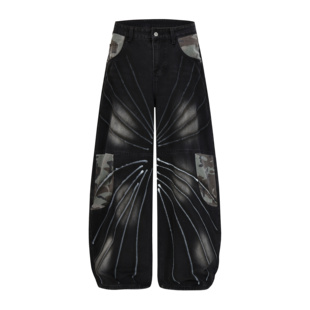 男女宽松阔腿拖地裤 高品美式 复古重工洗水做旧拼接破洞弯刀牛仔裤