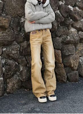 西部牛仔风三色腰头拼接微喇复古水洗做旧高街vintage宽松显瘦裤