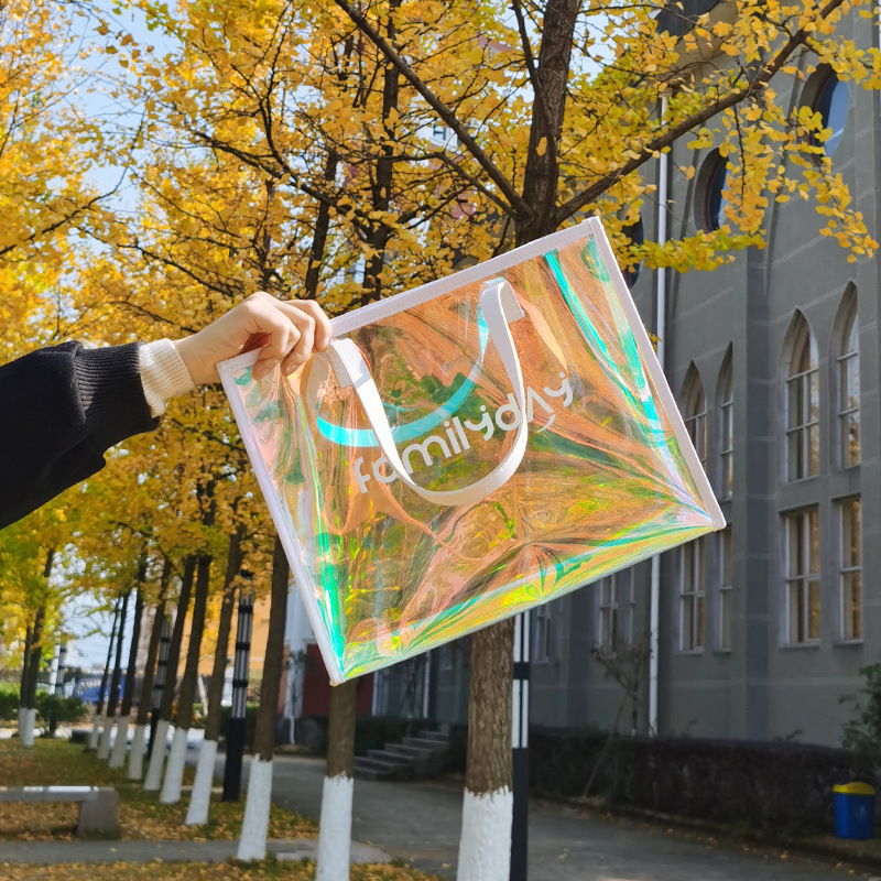 镭射PVC手提袋透明拉链袋购物袋ins网红礼品化妆袋炫彩包LOGO定制
