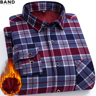 衬衫 BAND冬季 加绒加厚男保暖衬衣宽松休闲格子中老年爸爸防寒长袖