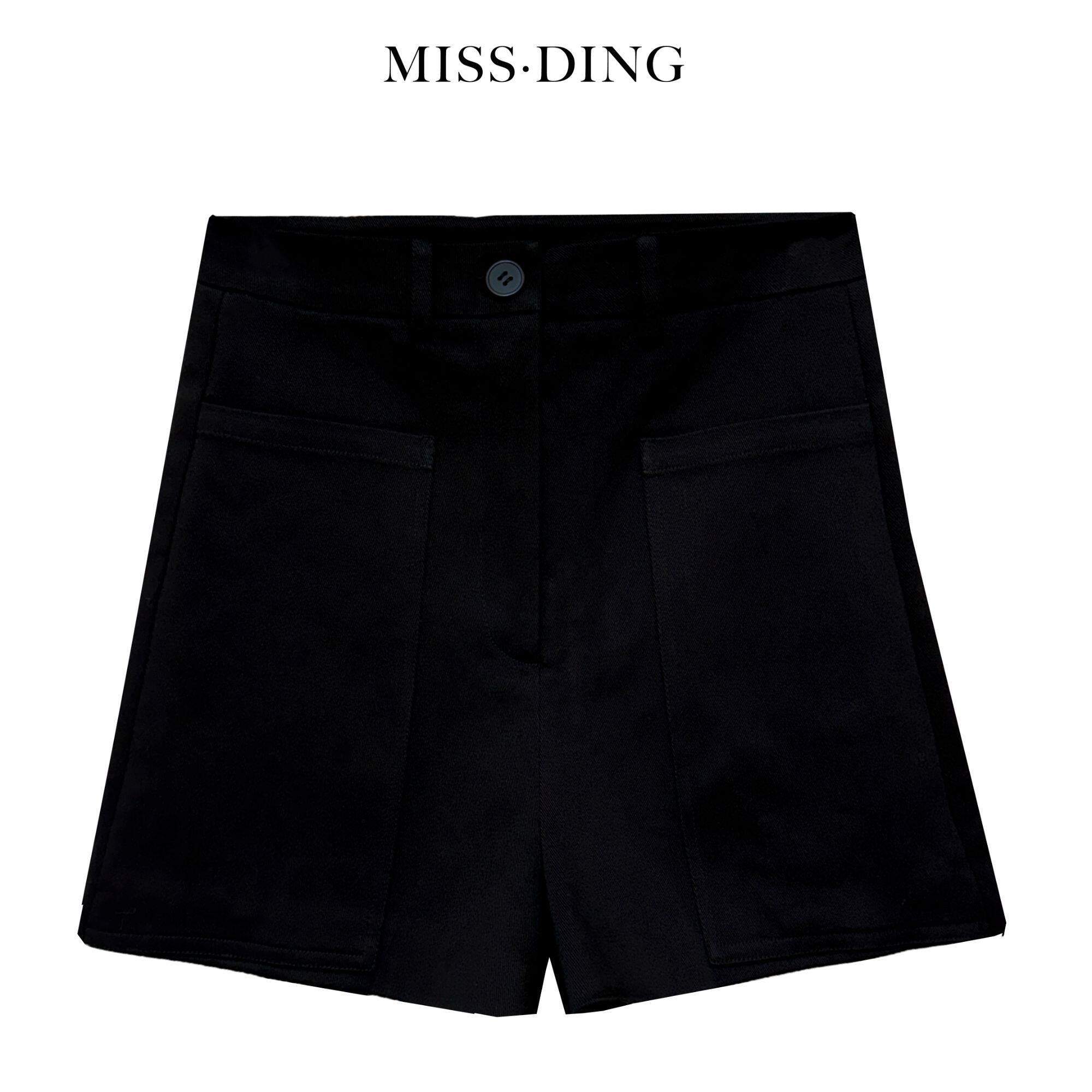 MissDing夏季新款高腰小A字超显瘦时尚休闲简约百搭黑色女士短裤